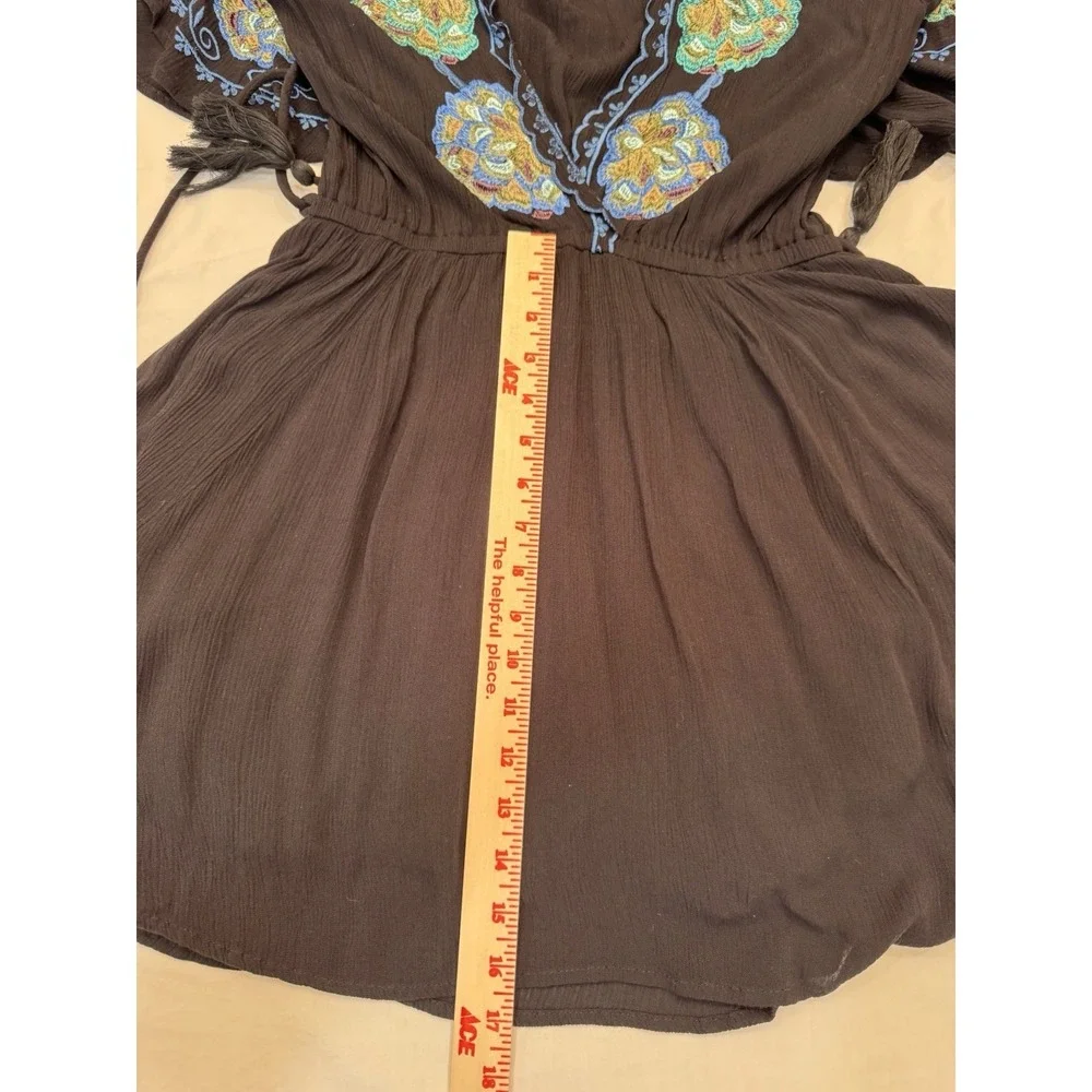 Free People Women's Sz M Cora Embroidered Mini Dress Black Blue Floral Boho NWT